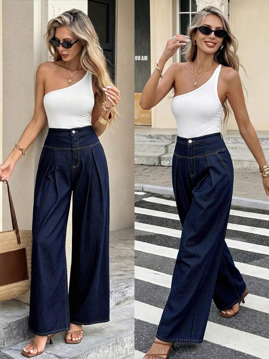 Serisse Women's High Waist Pleated Wide Leg Loose Casual Jeans Summer Carnival Costume Commuting Vacation Graduation Chic Y2k Cute Streetwear Coquette Party Wedding Elegant Business Casual Woman Business Beach Graduation Easter High Waist Wide Leg Jeans Dark Wash Casual Jeans Spring Commuter Jeans Classic Dark Blue High Ankle Pleated Wide Leg Jeans For Women Commuter Casual Style - Blue - View 1