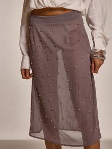 MUSERA 点缀水晶的薄纱低腰中长裙，春夏外出夜游场合假日性感可爱装饰 - 灰色 - 查看 5