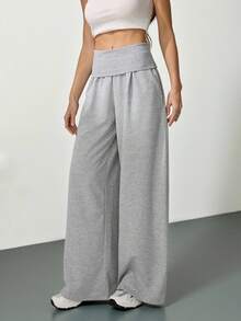 SHEIN Tall 超宽腿翻折腰裤，休闲夏季机场秋冬款 - 灰色 - 查看 8