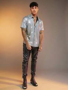 Manfinity BRENVOR 男士纽扣前开襟金属色短袖衬衫，情侣装 - 銀色 - 查看 9