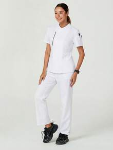 TaskEZ Women's Short Sleeve Surplice Neck Hidden Button Front Work Blouse - White - View 6
