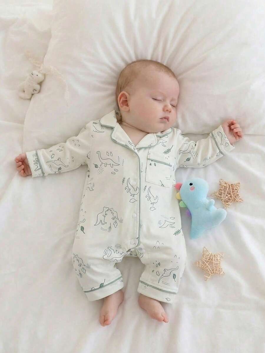 SHEIN Vintaside Kids Newborn Foot Pajamas,Cartoon Dinosaur Pattern With Drawstring Pocket Edges,Soft Fabric 2026 New Baby Set,Off-White,Winter,Cute,Lounge Comfortable