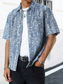 Manfinity EMRG Young Street-Style Washed Blue Fitted Jacquard Denim Short Sleeve Shirt, Spring/Summer - Blue - View 3