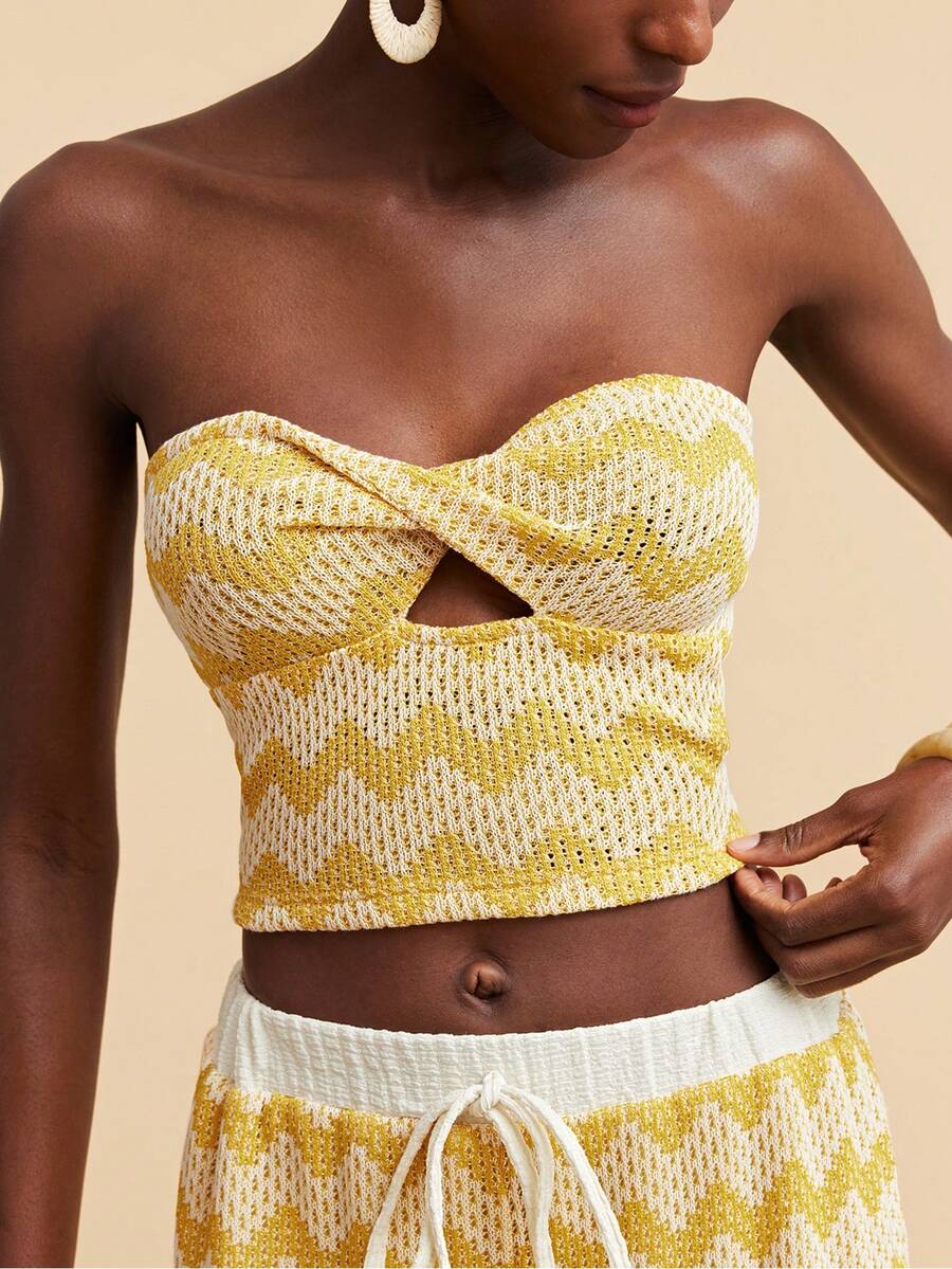 Travachic Women's White And Yellow Wavy Striped Hollow Bandeau Top,Summer Boho Sexy Vacation Holiday, Beach Golf Party Carnival Costume,Elegant Floral Tops - Yellow - View 1