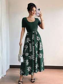 Rafferiza 女士夏季纯色印花拼接简约休闲连衣裙 - 墨綠色 - 查看 8