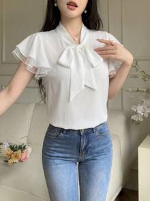 Feyla Tie Neck Contrast Mesh Flounce Sleeve Summer Blouse - White - View 5