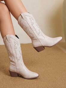 Styleloop Women's Dark Punk Gothic Embroidered Western Boots, Brown Low Heel Rivet Leather Mid-Calf Boots - Khaki Leather - View 2