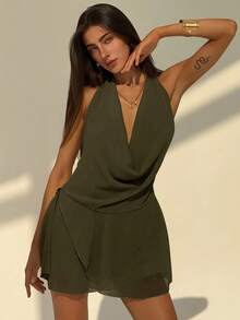 Aloruh Đầm ngắn gợi cảm mới, hở lưng, màu trơn, cổ yếm, xẻ sâu, xếp ly bất đối xứng, viền bèo nhún, thích hợp để đi chơi. - xanh quân đội - Xem 6