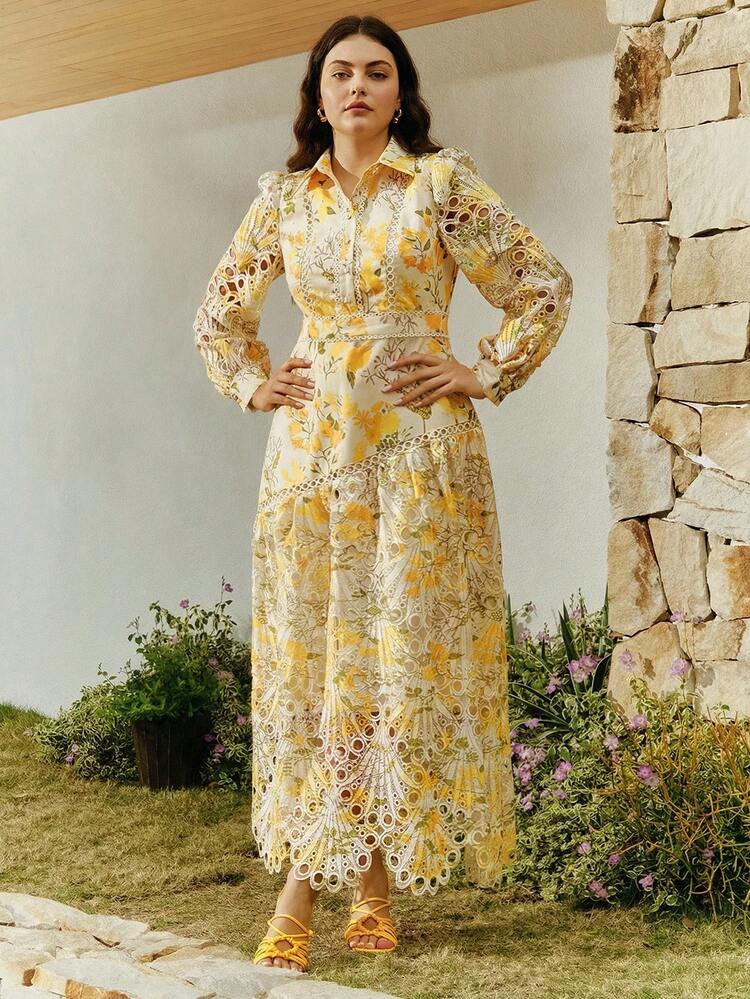 Anewsta Elegant Lace Print Splice A-Line Long Dress With Collar, Long Sleeve, Plus Size