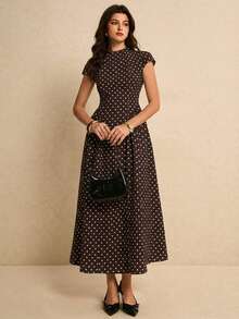 Poéselle Đầm dài nữ thanh lịch họa tiết chấm bi với tay áo kiểu cánh dơi. - màu nâu - Xem 4