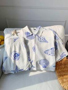 Comfortcana 2026春夏新款女士竹纤维海洋生物图案衬衫上衣配短裤两件套，适合冬季、复活节、派对、海滩、婚礼、毕业典礼等场合，风格优雅、休闲、度假、运动、正式、Y2K、商务，饰有亮片、流苏、荷叶边、花朵、图案等元素。 - 白色 - 查看 6