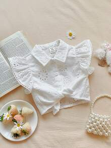 SHEIN 女宝宝可爱夏季度假白色花卉刺绣领短袖衬衫 - 白色 - 查看 4