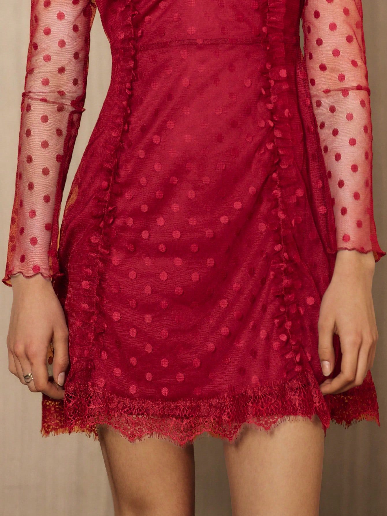 Red Polka Dot Mesh Mini Dress With Ruffle Trim And Lace Hem Vintage Look Spring Spring Dress Date Night Dress French Style Parisian Style