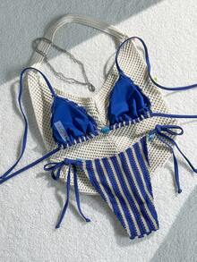 Swim Mod Women's Spring/Summer Jacquard Fabric Beaded Halter Bikini Set - Blue and White - View 3