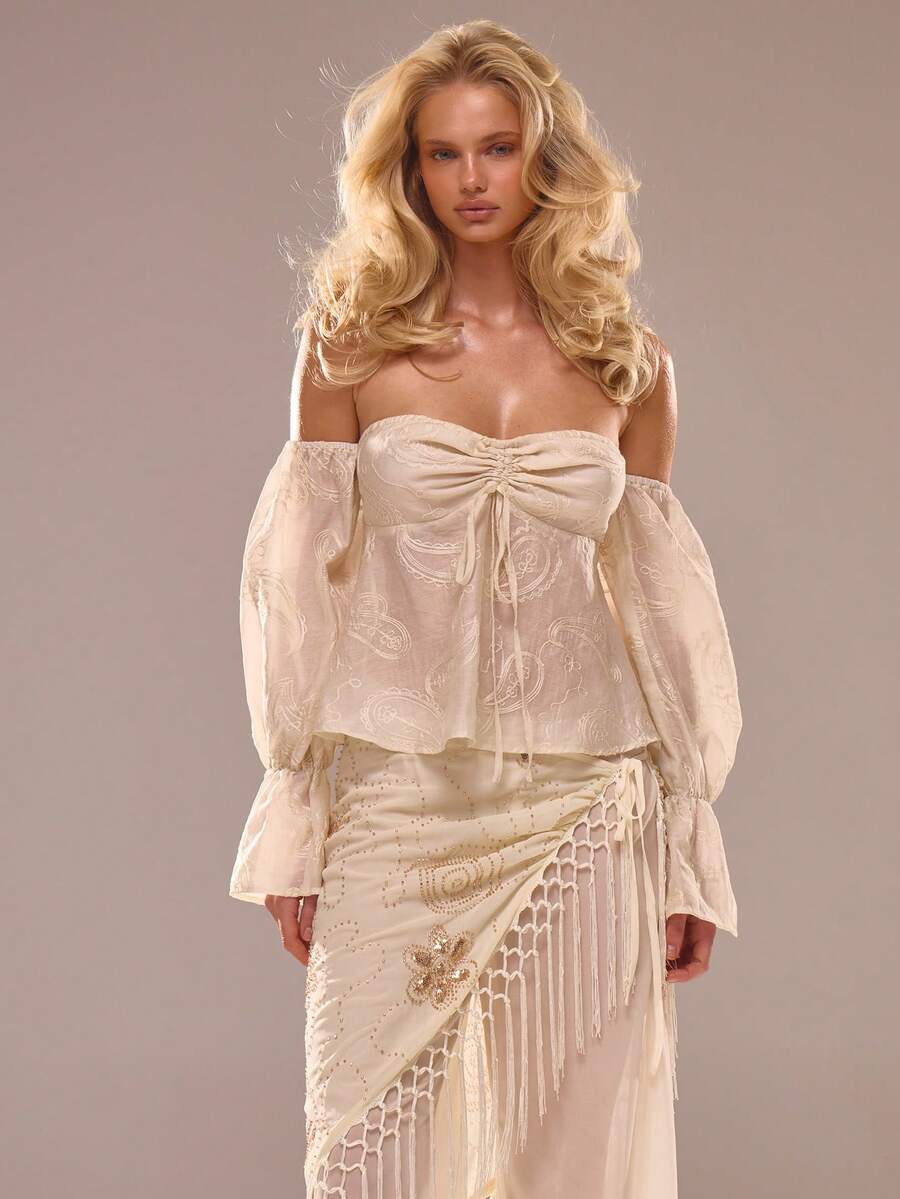 MUSERA 露肩编织褶皱飘逸上衣 夏季度假海滩伊比沙岛可爱节日优雅樱桃月 - 杏色 - 查看 1