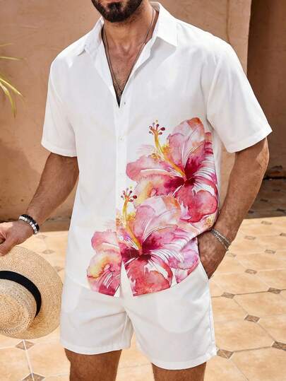 Manfinity RSRT Camicia casual a maniche corte monopetto con stampa floreale da uomo, estiva