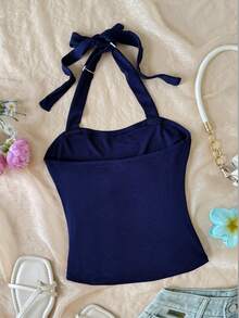 SHEIN Áo tank top và áo camisole cho bé gái tuổi teen, dễ phối đồ, phong cách thường ngày, đa năng, thích hợp cho kỳ nghỉ hè, cổ yếm, xếp ly, chun co giãn, thắt nơ. - Màu xanh hải quân - Xem 2