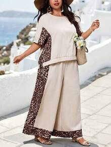 EMERY ROSE Große Größen Leopardenmuster Patchwork Leinen-ähnliche Textur asymmetrischer Saum Hemd & lockere Hose 2-teiliges Set, Beige, Sommer, Boho, Strand, Urlaub Lässig - Verschiedenfarbig - Übersicht 6