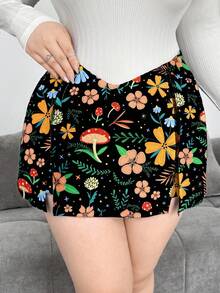 Sweetra Váy quần cỡ lớn dành cho nữ, kiểu dáng họa tiết nấm, xẻ tà phía trước, cạp chữ V. - Nhiều màu - Xem 4