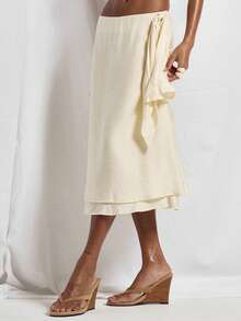 MUSERA 垂褶腰带低腰飘逸宽松中长裙套装下装（仅限下装）可爱假日性感夜生活度假春夏优雅阳光垂褶 - 灰色 - 查看 3