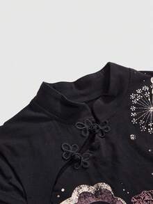 ROMWE Avant Pakaian Musim Panas Bergaya Cina yang Khas, Kerah Mandarin, Motif Macan, Potongan Slim Fit, Ukuran Plus, Atasan Wanita Bergaya Cina - Hitam - View 10