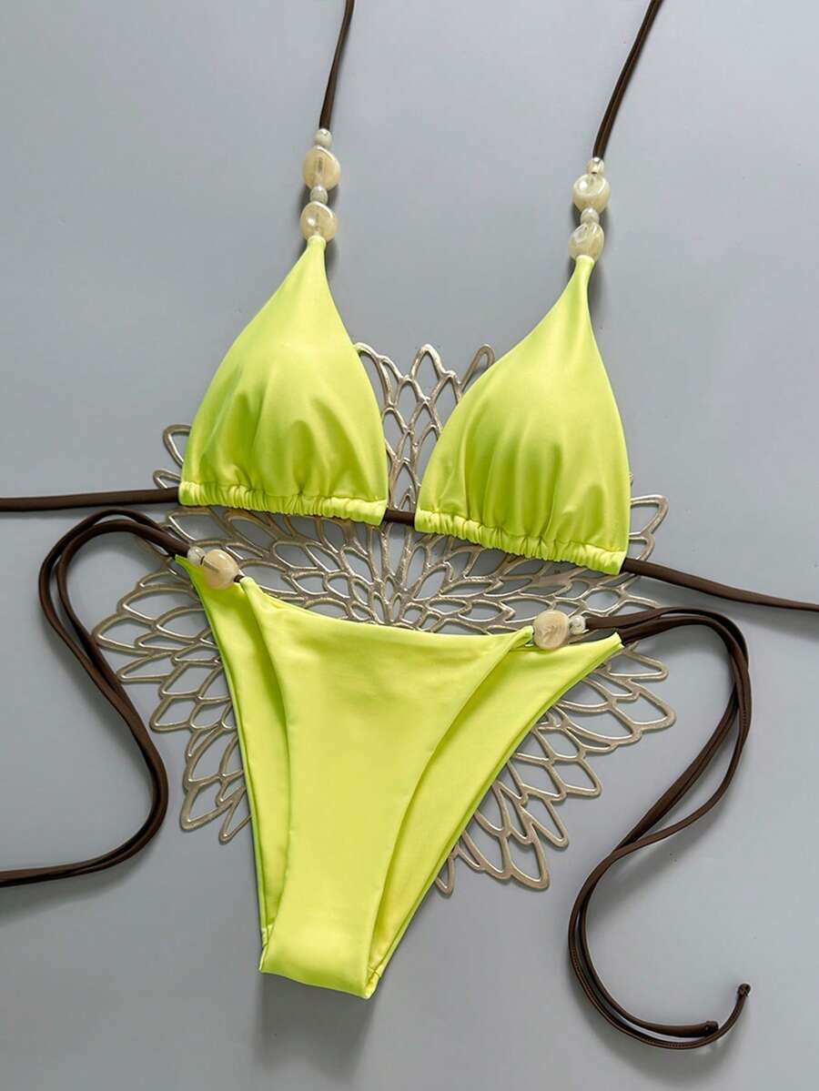 Swim Vcay Bộ bikini 2 mảnh màu be xuyên thấu, dây mảnh, cổ yếm, cạp cao, đính hạt cườm, kiểu dáng xuân/hè 2026 dành cho nữ. - Màu vàng - Xem 1