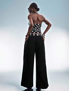Aveloria GENKIRA European And American Style Spring/Summer New Fashion Versatile Black & White Contrast Polka Dot Print Mesh Draped Neck Top Paired With Polka Dot Wrap Tie Waist Loose Long Pants Casual Street Style Women 2-Piece Set - Multicolor - View 2