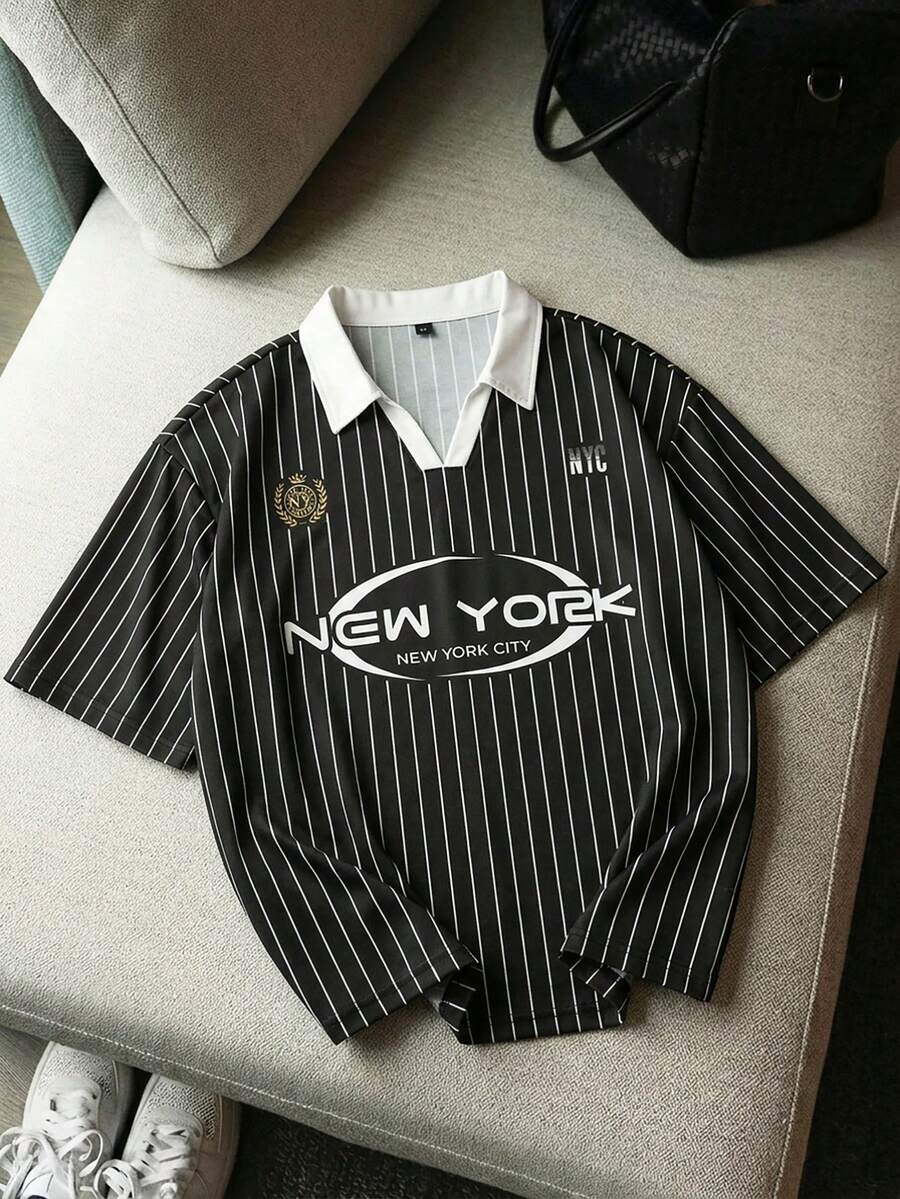 AXEPEAK 男士休闲时尚条纹字母印花短袖 Polo 衫