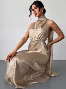 Firerie Women's Elegant Metal Texture Solid Color Halter Neck Dress - Gold - View 8