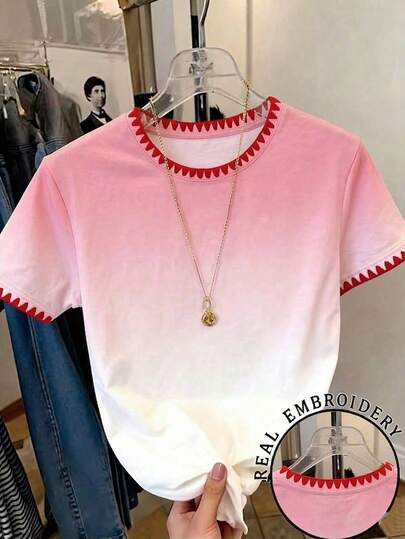 Elladie kids Teen Girl Ombre Round Neck Short Sleeve Casual T-Shirt, Versatile For Summer