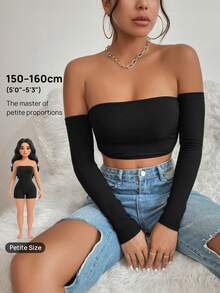 SHEIN PETITE Solid Off Shoulder Crop Off Shoulder Top - Black - View 9