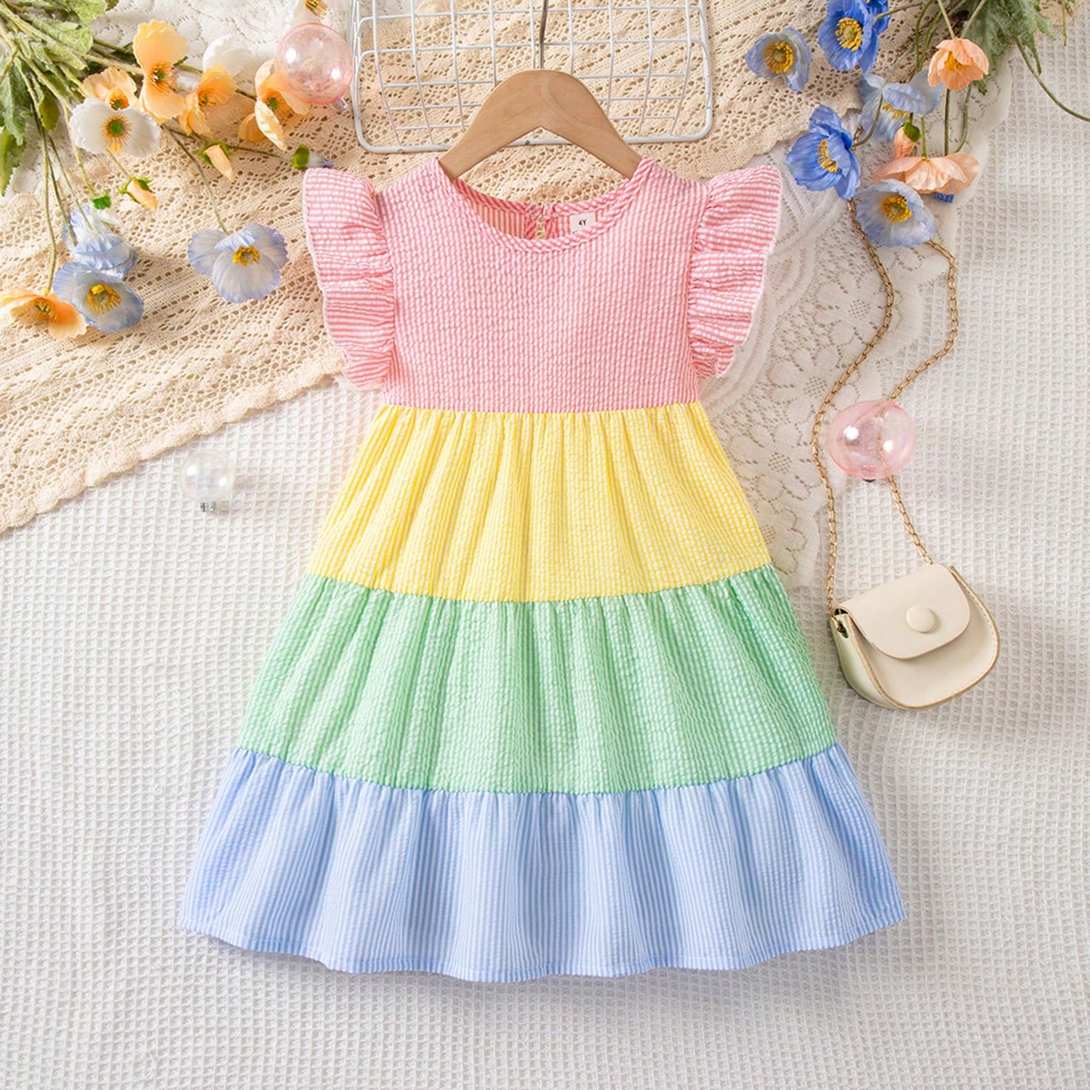 Vestido casual de niña con cuello redondo, bloque de color y dobladillo con volantes