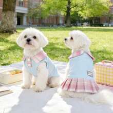 PETSIN Bộ đồ đôi phong cách Preppy kẻ caro hồng và xanh dương cho thú cưng, gồm váy xếp ly cổ búp bê và áo vest có túi dành cho mèo và chó, thích hợp cho mùa xuân/hè. - Nhiều màu - Xem 3
