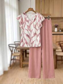 SHEIN Frenchy Comfortable Summer Plus Size 2pcs Set With Pockets Vacation, Bow Tie Waistband And Leaf Pattern - Dusty Pink - View 7