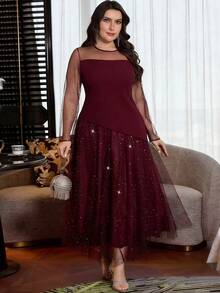 Modelyn Plus Size Women's Fashion Star & Moon Sequin Mesh Hollow Knit Long Sleeve Round Neck Flared Skirt 2-Piece Set - Burgundy - View 4