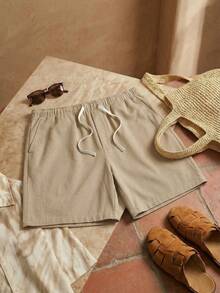 AKNOTIC Business Casual 男士纯色抽绳腰休闲短裤，春夏款 - 卡其色 - 查看 4