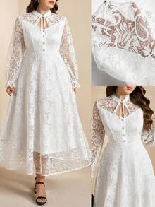 Comfylo Elegantes Spitzenkleid in Große Größen mit langen Ärmeln - Weiss - Übersicht 1