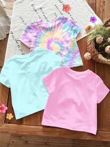 SHEIN 3件套 时尚个性人像系列 女婴休闲圆领短袖T恤，亮蓝色、亮粉色、扎染彩色，适合所有季节日常穿着，适合校园、郊游、街头、度假、返校节、春夏装扮 - 彩色 - 查看 2