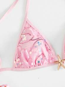 Swim SXY 女士夏季亮片3D花朵和海星饰品挂脖比基尼套装 - 粉色 - 查看 5