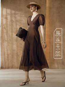 Arave 女士V领花瓣袖褶皱优雅连衣裙 - 棕色 - 查看 5