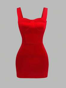 Zyxie Vestido rojo mini ajustado y sexy de mujer con cuello cuadrado y sin mangas - Rojo - Ver 3