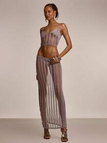 MUSERA Strappy Scoop Neck Knit Sparkly Laddered Top With Knit Laddered Maxi Floor Length Skirt Cute Summer Spring Sexy Going Out Beach Holiday Vacation Honey Tides - Grey - View 5