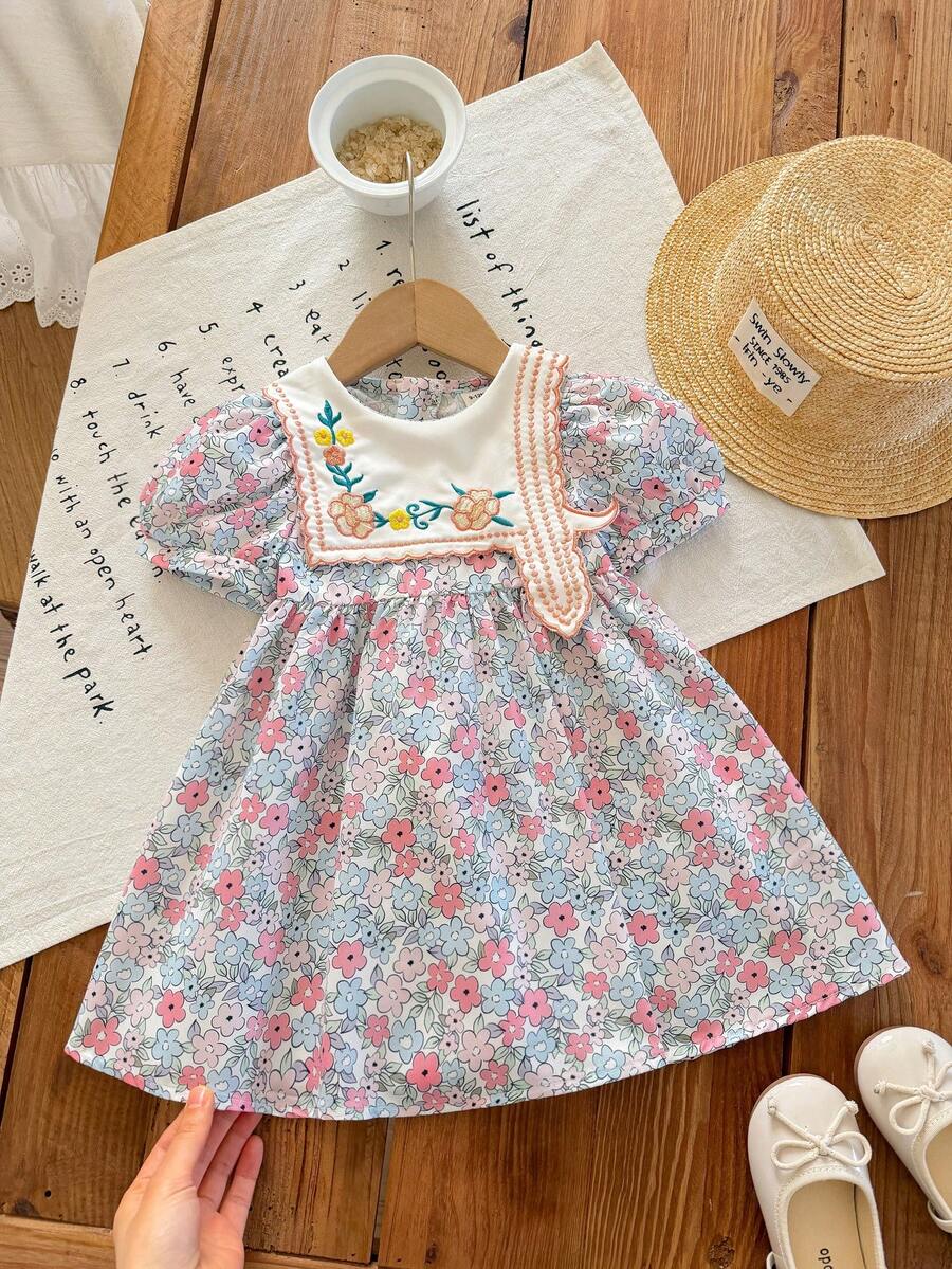 女宝宝可爱甜美花卉刺绣度假连衣裙 - 彩色 - 查看 1