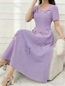 SHEIN Vestido de cuello cuadrado con lazo en el hombro y bajo largo, adecuado para fiesta o uso diario, primavera/verano/otoño, para adolescentes - Morado - Ver 1