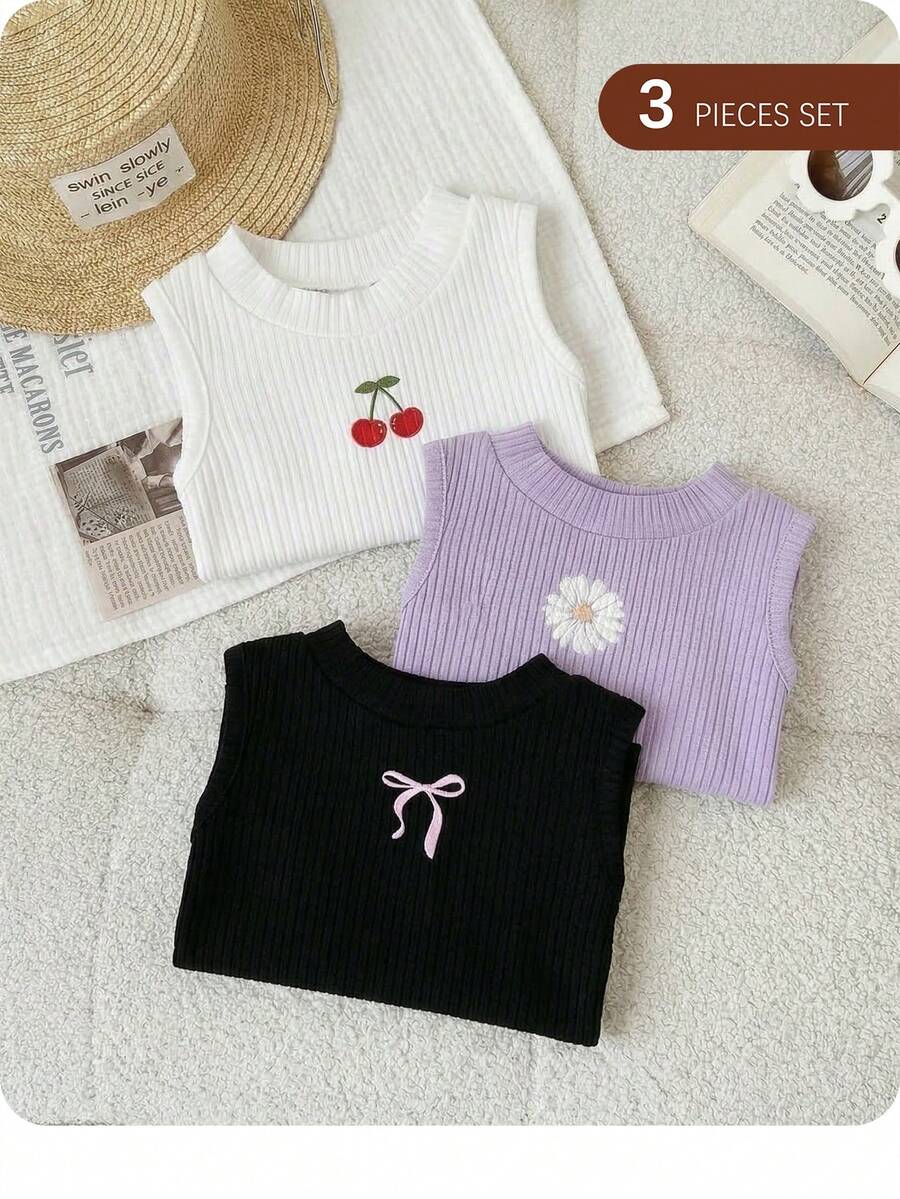 SHEIN 3pcs/Set Cute Summer Versatile Knit Bow & Floral Pattern Camisole For Baby Girl - Multicolor - View 1