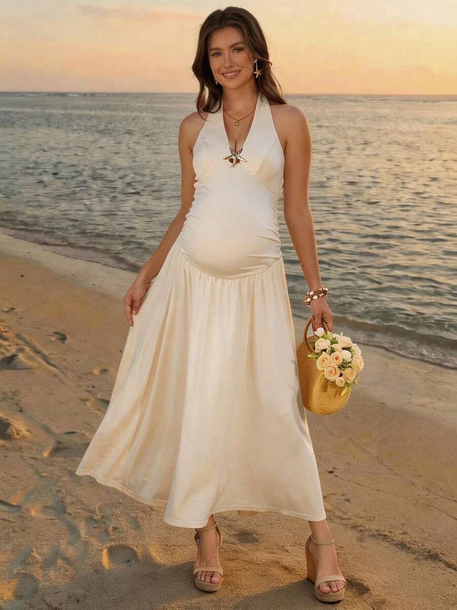 SHEIN 孕妇连衣裙，露背蝴蝶结设计，深V领胸罩杯设计，海星装饰纽扣，修身A字下摆，凸显腹部曲线。 - 杏色 - 查看 1