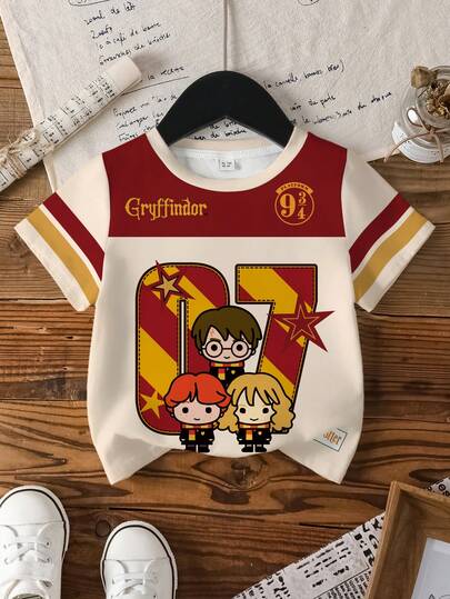 HARRY POTTER X SHEIN Young Girl Letter & Cartoon Character Print Color Block Round Neck Short Sleeve T-Shirt