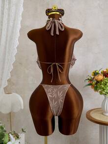 SoleilVie 两件套女士树叶印花吊带泳衣，垂褶领口泳装，适合夏季度假 - 棕色 - 查看 4