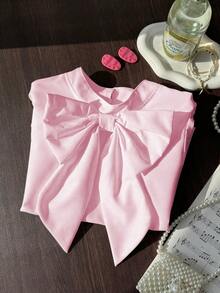 Tween Girls Elegant Contrast Lace Cap Sleeve Bow Decor Blouse, Versatile Princess Style - Pink - View 3