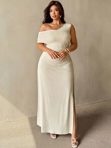 Auralis Nuevo vestido de verano sin mangas con hombro asimétrico, fruncido, hombro inclinado, abertura alta en color albaricoque para temporada de bodas / Vestido elegante moderno de talla grande para uso diario / Vestido de oficina - Albaricoque - Ver 5